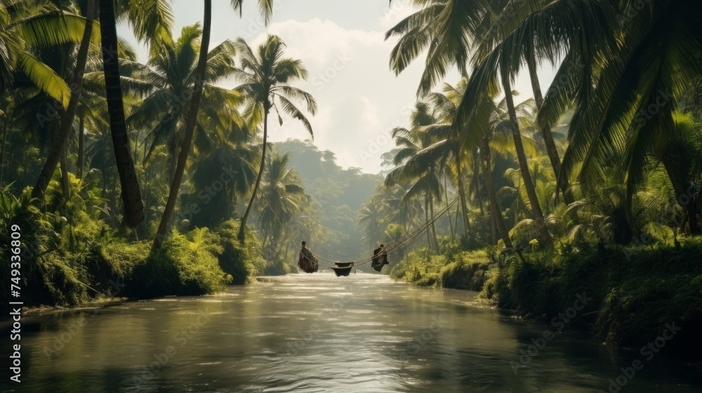Obraz premium Palm Tropical jungle, Green Trees, river background. Summer, Travel, Nature concepts.