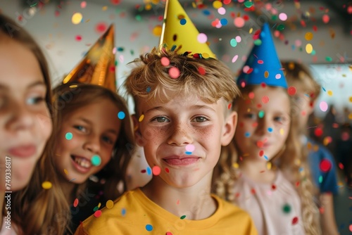 A group of children are wearing party hats and standing in a circle
