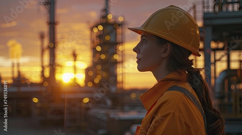 A maintenance engineer leads the predawn industrial site with her hard hat symbolizing strategy and leadership.