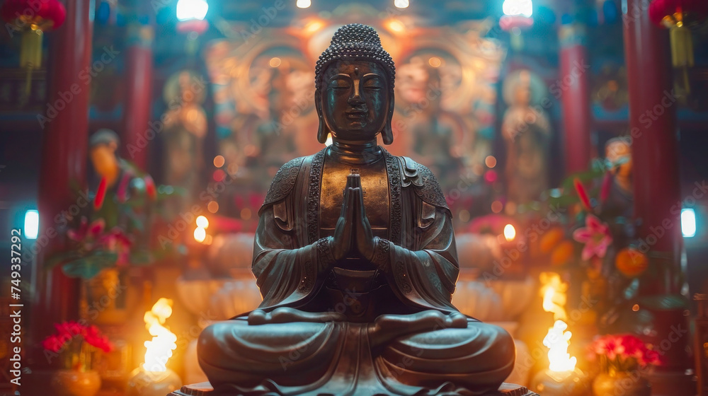 Serene Buddha Statue in Temple with Candles