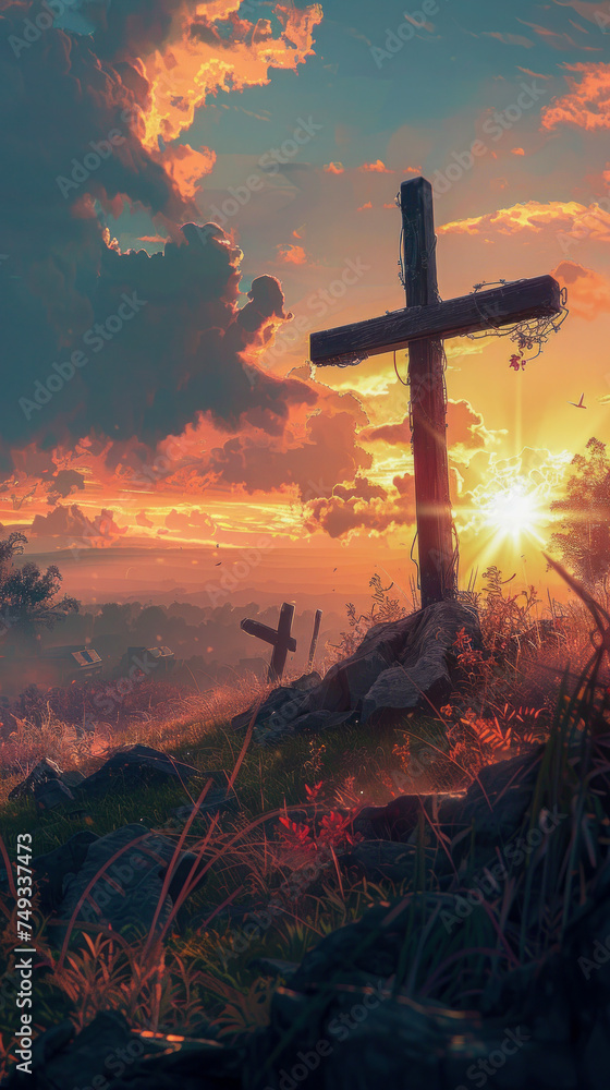 Rustic Cross Silhouette Against Fiery Sunset Sky