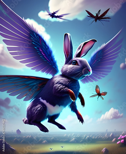 Rabbit has wings mutant fly in the air  8k sharp image  angle rabbit cloudy sky background with birds. AI generative