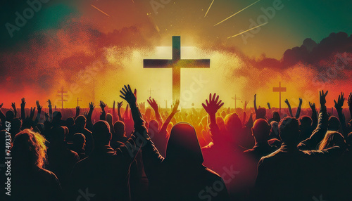 Faithful Crowd Praising at Sunset with Cross Silhouette