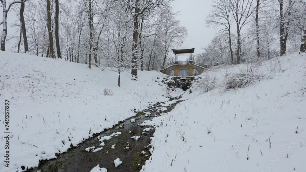 Beautiful Chinese bridge covered with snow. A beautiful walk through the winter forest. Trees, branches and bushes in the snow. Snow everywhere. The path in the forest is covered with snow. Beautiful Chinese bridge covered with snow. A beautiful walk through the winter forest. Trees, branches and bushes in the snow. Snow everywhere. The path in the forest is covered with snow.