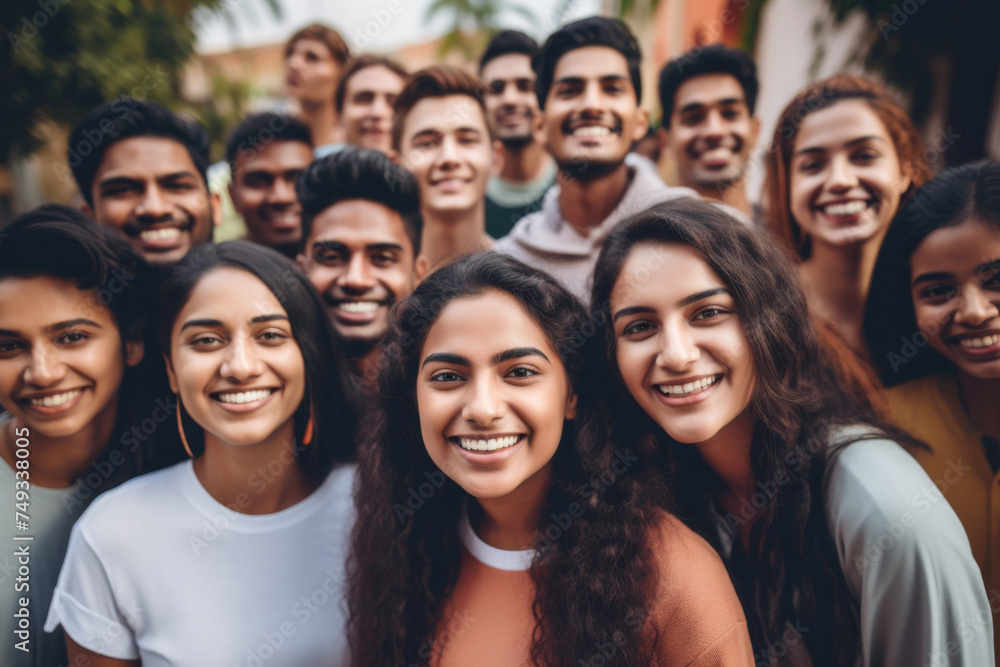 A group of young Indian people with smiling faces - obrazy, fototapety, plakaty 