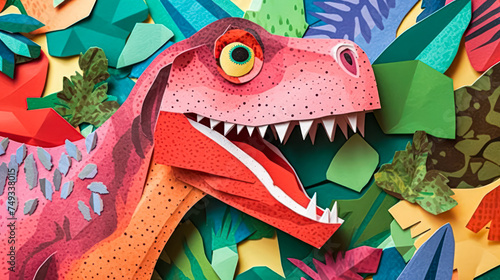 A captivating dinosaur illustration crafted from vibrant pieces of 3D paper