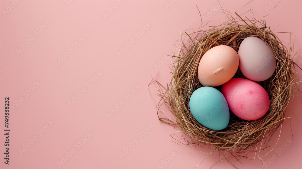 Easter holiday banner greeting card with pastel painted eggs in bird nest on paper pink backround Easter holiday banner greeting card with pastel painted eggs in bird nest on paper pink backround