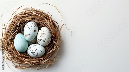 Easter holiday banner greeting card with pastel painted eggs in bird nest on white backround