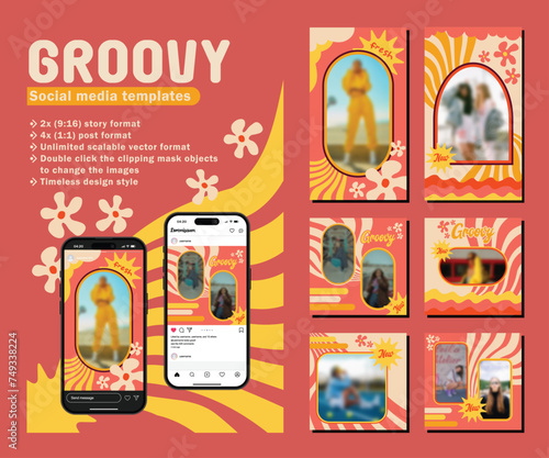 retro or vintage groovy social media templates set vector