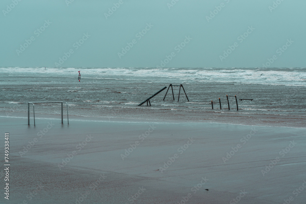 Playground and sports equipment on the Norsee beach in Sankt Peter-Ording in Germany