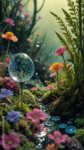 Enchanted Droplet Odyssey: Unveiling Micro Worlds. Exploring the amazing micro-world within a dewdrop, where a whole world of microorganisms and fantastic plants thrives. generative, ai