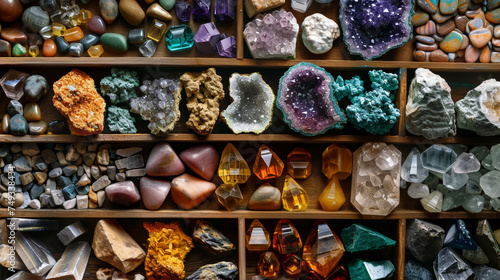 Top view of a large geological collection of semi-precious stones, stones and minerals. Dark background. Generative AI photo