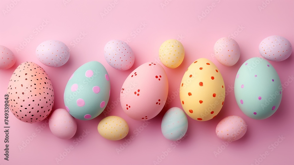 Copy space Happy Easter holiday background with colorful pastel eggs on pink paper, top view Copy space Happy Easter holiday background with colorful pastel eggs on pink paper, top view