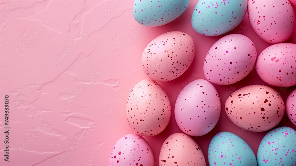 Copy space Happy Easter holiday background with colorful pastel eggs on pink stone, top view