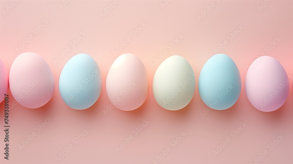Happy Easter holiday background with colorful pastel eggs on pink paper, top view, сopy space Happy Easter holiday background with colorful pastel eggs on pink paper, top view, сopy space