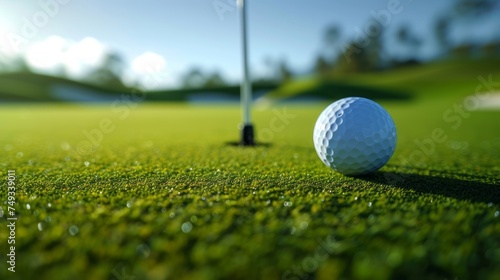 A close-up photo of a golf ball nestled close to the pin on a putting green, copy space for text. © okfoto