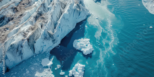 Aerial view of a melting glacier edge with floating icebergs in icy blue waters.