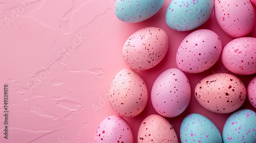 Copy space Happy Easter holiday background with colorful pastel eggs on pink stone, top view