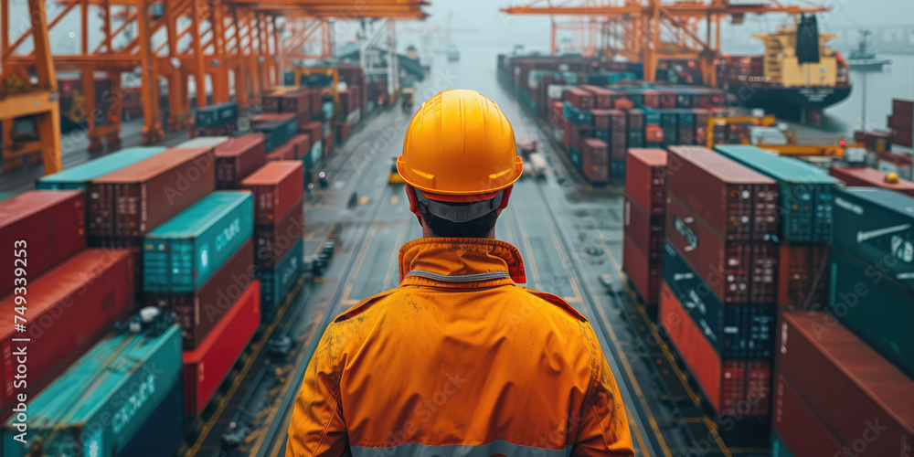 Worker in safety gear overlooking the vast array of colorful containers at a busy shipping port. Worker in safety gear overlooking the vast array of colorful containers at a busy shipping port.