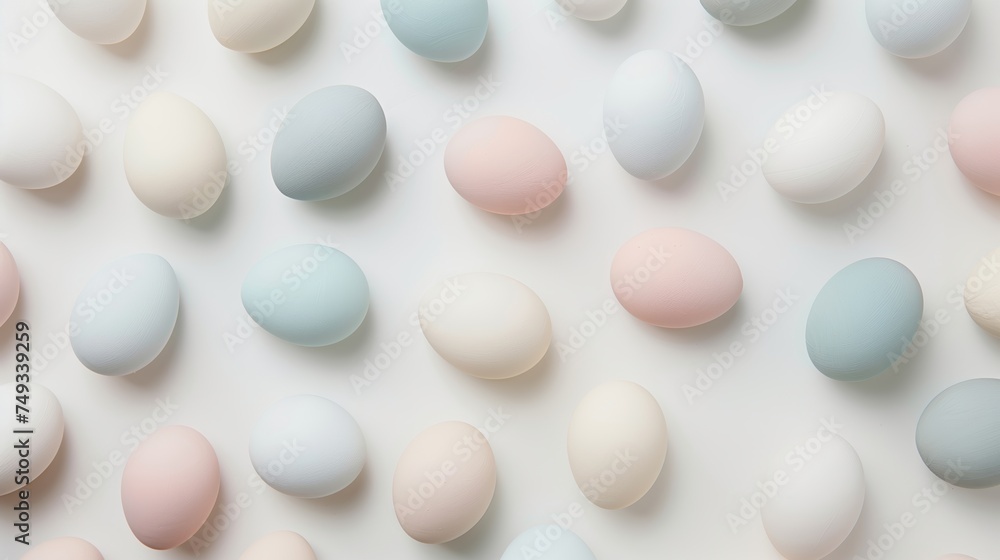 Happy Easter holiday background with colorful pastel eggs on white paper, top view Happy Easter holiday background with colorful pastel eggs on white paper, top view