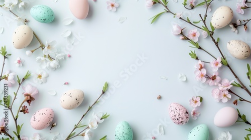 Easter pastel colored eggs with spring flowers on white background, copy space, top view
