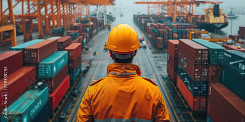 Worker in safety gear overlooking the vast array of colorful containers at a busy shipping port.