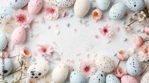 Easter pastel colored eggs with spring flowers on white background, copy space, top view