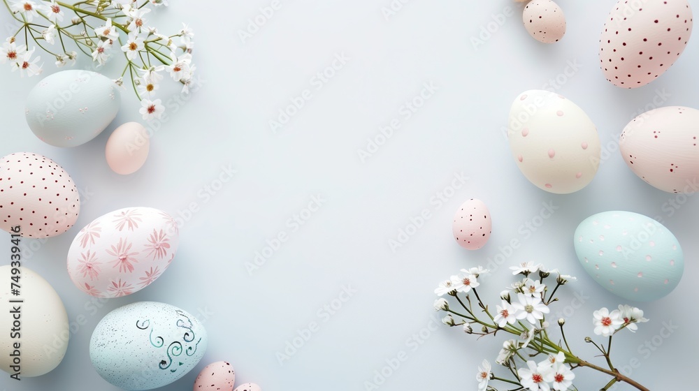 Easter colored eggs with spring flowers on pastel blue background, copy space, top view Easter colored eggs with spring flowers on pastel blue background, copy space, top view