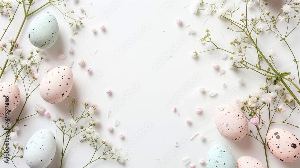 Easter pastel colored eggs with spring flowers on white background, copy space, top view Easter pastel colored eggs with spring flowers on white background, copy space, top view