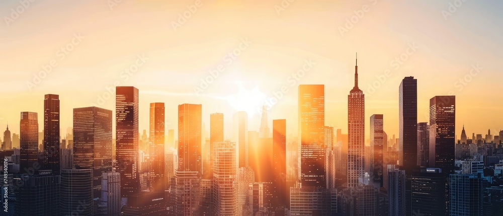 Illustrative concept of a city during sunset or sunrise. View of the silhouettes of multi-storey buildings.