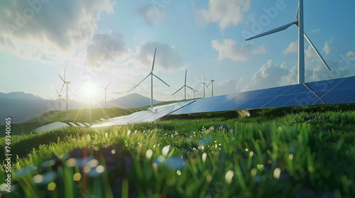 Solar panels with wind turbines with moutain and clear sky background, Green power,sustainable power concept.