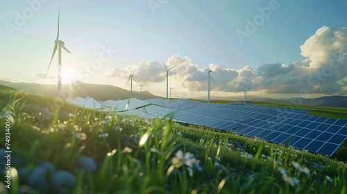 Solar panels with wind turbines with moutain and clear sky background, Green power,sustainable power concept.