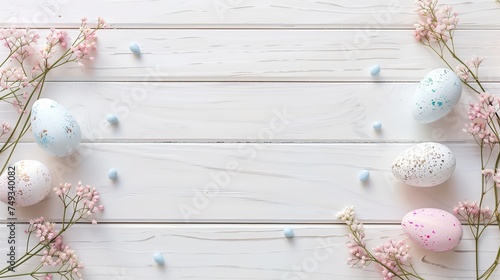 Easter pastel eggs with spring flowers on pastel wooden white background with copy space, top view