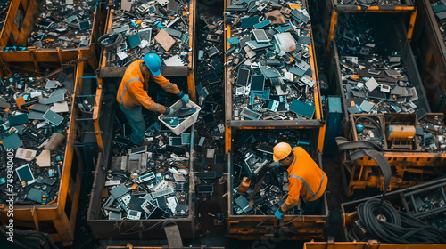 
Workers sorting and processing electronic waste at a recycling facility equipped with advanced separation and recycling technologies.