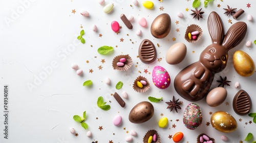 Easter composition - chocolate bunny, colored eggs and candies on blue paper background, top view