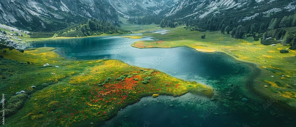 Alpine Meadow Among Mountain Peaks from Above

