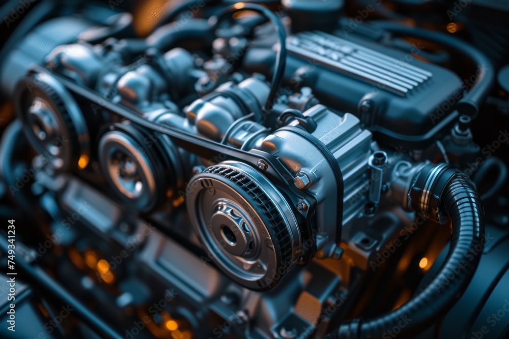 Close-up image of a car engine. Modern automobile internal combustion engine with low carbon dioxide emission. Car technology background. Close-up image of a car engine. Modern automobile internal combustion engine with low carbon dioxide emission. Car technology background.