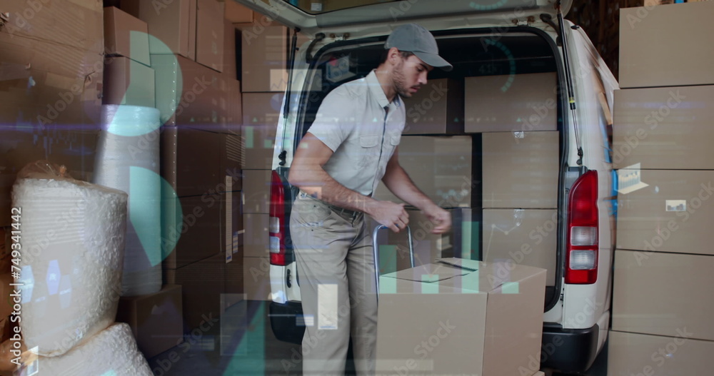 Image of data processing over man packing boxes into car Image of data processing over man packing boxes into car