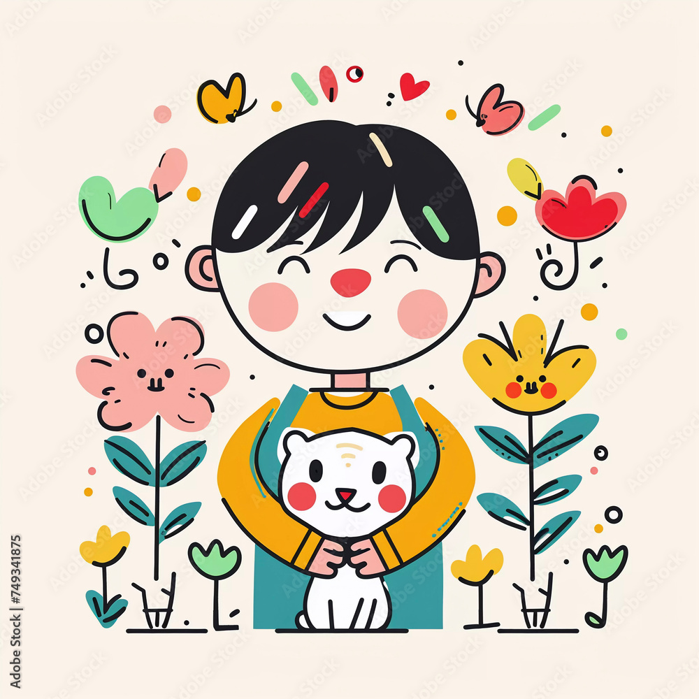 Cute girl with cat illustration, Generative AI Cute girl with cat illustration, Generative AI