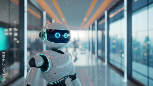 A modern robot in the hallway of a futuristic office, artificial intelligence