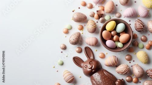 Easter composition - chocolate bunny, colored eggs and candies on white paper background, top view