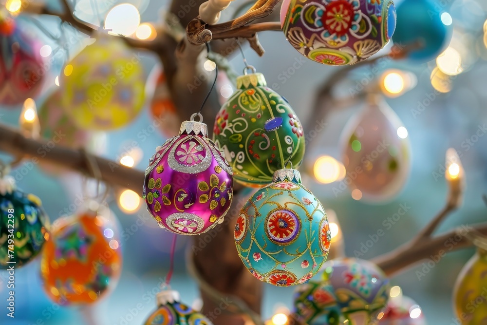 A Glorious Morning Shines Upon a Whimsically Decorated Easter Egg Tree, Casting a Warm Glow Over Each Colorful Ornament