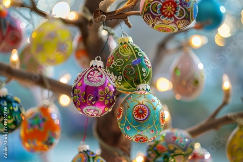 A Glorious Morning Shines Upon a Whimsically Decorated Easter Egg Tree, Casting a Warm Glow Over Each Colorful Ornament © aicandy