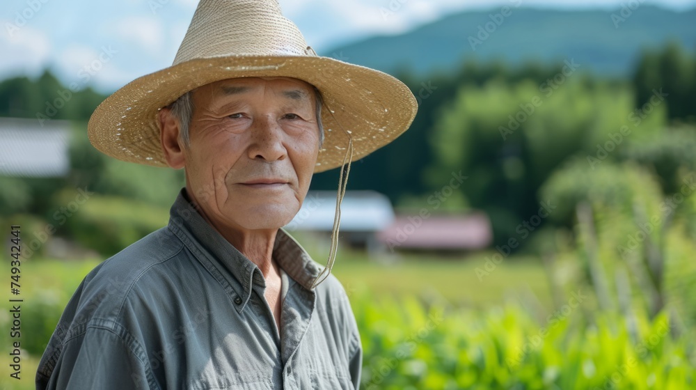 Retired older man with straw hat standing in the green countryside, mexican and american cultures.