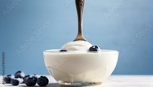 yogurt with fresh blueberries on blue background  closeup