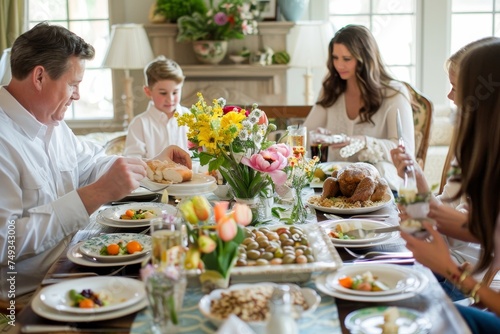 A Heartwarming Family Gathering Around the Lavishly Decorated Table for an Easter Brunch Full of Laughter and Joy