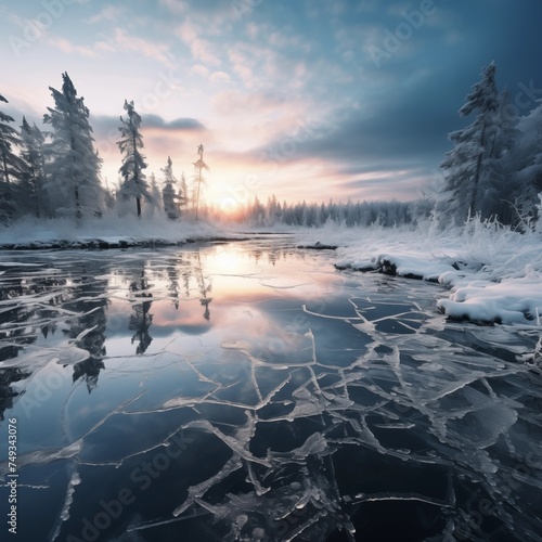 frozen lake and trees, sunrise © Kacper