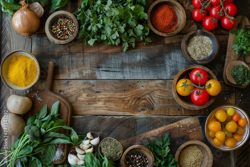 Top view of fresh vegetables and spices on a wooden table
