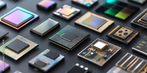 Manufacturing of microchips. Photo of top view of microchips, microcircuits, electronic devices. Contemporary technologies, sci-fi style, electronics, scientific fiction, future developments, flat lay