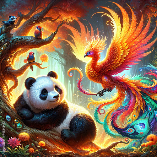 Mystical Encounter of Panda and Phoenix